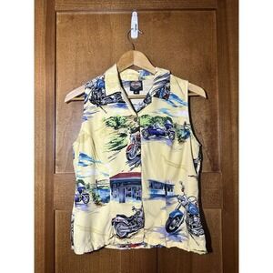 Tori Richard Harley-Davidson Y2K Hawaiian Print Button Up Tank Women's Medium